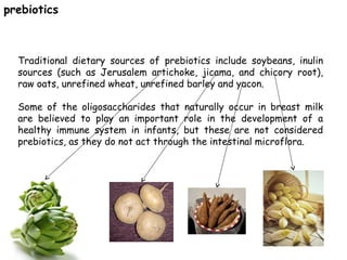 Traditional dietary sources of prebiotics include soybeans, inulin
sources (such as Jerusalem artichoke, jicama, and chicory root),
raw oats, unrefined wheat, unrefined barley and yacon.
Some of the oligosaccharides that naturally occur in breast milk
are believed to play an important role in the development of a
healthy immune system in infants, but these are not considered
prebiotics, as they do not act through the intestinal microflora.
prebiotics
 