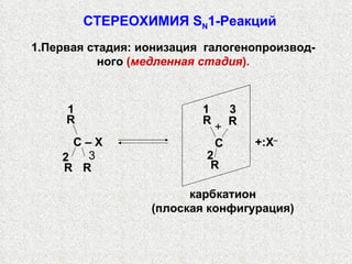 СТЕРЕОХИМИЯ  S N 1-Реакций 1.Первая стадия: ионизация  галогенопроизвод-ного  ( медленная стадия ). карбкатион (плоская конфигурация) + : X – R R R 1 3 2 C + C – X R R R 1 3 2 