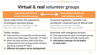 Virtual & real volunteer groups
23
Increasing activities by
virtual volunteer groups
Decreasing activities by
real volunteer groups
Social media fosters the appearance
of emergent volunteer groups
(Starbird & Palen 2011, Shklovski et al. 2008,
Palen et al. 2007, Palen & Liu 2007)
Conceived negatively / valuable / not
considered / important part of official relief
(Dynes 2006, Lorenzen 2005, Pfeil 2000,
Stallings & Quarantelli 1985, Lanzara 1983)
Twitter analysis:
 Help activities are especially of interest when
threats have faded away (“warning”  “help”)
 When the help activities shift to the focus,
linking external sites increases while retweets
decreases (retweet”http”)
 Different role pattern can be distinguished!
Interviews with emergency services:
 They appreciate the work of emergent groups
 They wish to foster self help mechanisms
 Information exchange can be helpful
for both sides!
① Introduction ② Twitter Study ③ Interview Study ④ Concepts ⑤ Summary
 