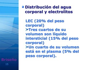 15
Distribución del agua
corporal y electrolitos
Briseño
LEC (20% del peso
corporal)
Tres cuartos de su
volumen son líquido
intersticial (15% del peso
corporal)
Un cuarto de su volumen
está en el plasma (5% del
peso corporal).
 