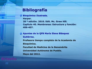 22
Bibliografía
Bioquímica Ilustrada.
Harper.
28 ª edición. 2010. Edit. Mc. Graw Hill.
Capítulo 40. Membranas: Estructura y función:
406-407.
Apuntes de la QFB María Elena Blásquez
Gutiérrez.
Profesora tiempo completo de la Academia de
Bioquímica.
Facultad de Medicina de la Benemérita
Universidad Autónoma de Puebla.
Mayo del 2012.
Briseño
 