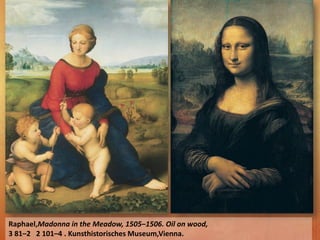 Raphael,Madonna in the Meadow, 1505–1506. Oil on wood,
3 81–2 2 101–4 . Kunsthistorisches Museum,Vienna.
 