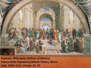 Raphael, Philosophy (School of Athens),
Stanza della Segnatura,Vatican Palace, Rome,
Italy, 1509–1511. Fresco, 19 27.
 