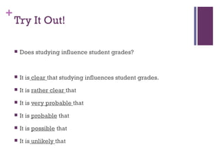 +
Try It Out!
 Does studying influence student grades?
 It is clear that studying influences student grades.
 It is rather clear that
 It is very probable that
 It is probable that
 It is possible that
 It is unlikely that
 