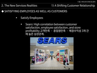 13장. 서비스의 디자인 및 관리
◆ SATISFYING EMPLOYEES AS WELL AS CUSTOMERS
 Satisfy Employees
 Sears: High correlation between customer
satisfaction, employee satisfaction, and store
profitability 고객만족 – 종업원만족 – 매장수익성 3개 간
에 높은 상관관계.
2. The New Services Realities 1) A Shifting Customer Relationship
 