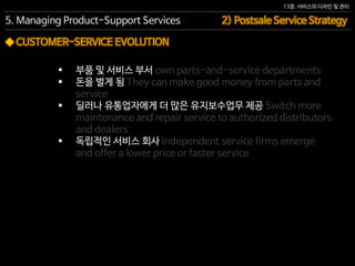 13장. 서비스의 디자인 및 관리
 부품 및 서비스 부서 own parts-and-service departments
 돈을 벌게 됨 They can make good money from parts and
service
 딜러나 유통업자에게 더 많은 유지보수업무 제공 Switch more
maintenance and repair service to authorized distributors
and dealers
 독립적인 서비스 회사 independent service firms emerge
and offer a lower price or faster service
5. Managing Product-Support Services 2) Postsale Service Strategy
◆ CUSTOMER-SERVICE EVOLUTION
 