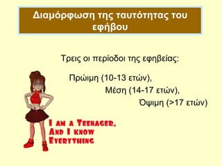 Διαμόρφωση της ταυτότητας του
εφήβου
Τρεις οι περίοδοι της εφηβείας:
Πρώιμη (10-13 ετών),
Μέση (14-17 ετών),
Όψιμη (>17 ετών)
 