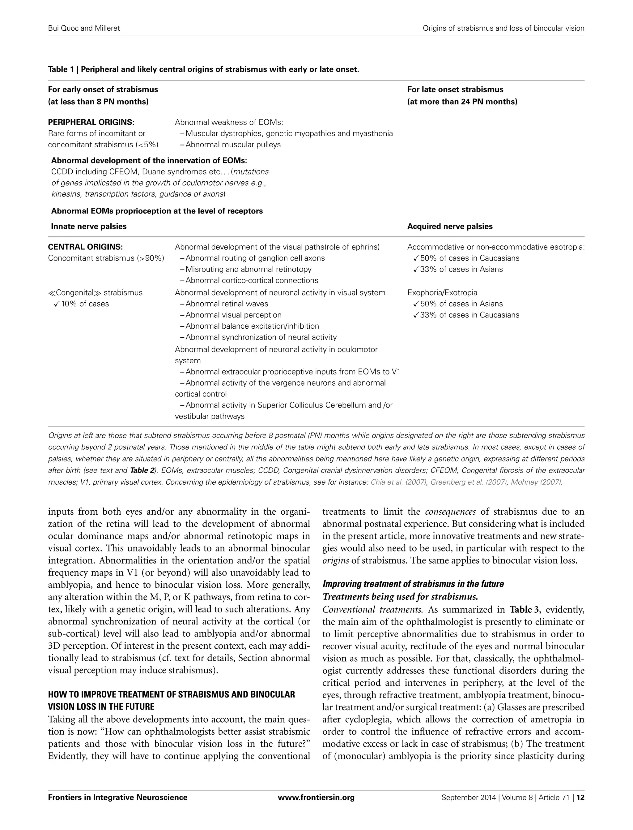 Bui Quoc and Milleret Origins of strabismus and loss of binocular vision
Table 1 | Peripheral and likely central origins of strabismus with early or late onset.
For early onset of strabismus For late onset strabismus
(at less than 8 PN months) (at more than 24 PN months)
PERIPHERAL ORIGINS:
Rare forms of incomitant or
concomitant strabismus (<5%)
Abnormal weakness of EOMs:
– Muscular dystrophies, genetic myopathies and myasthenia
– Abnormal muscular pulleys
Abnormal development of the innervation of EOMs:
CCDD including CFEOM, Duane syndromes etc. . . (mutations
of genes implicated in the growth of oculomotor nerves e.g.,
kinesins, transcription factors, guidance of axons)
Abnormal EOMs proprioception at the level of receptors
Innate nerve palsies Acquired nerve palsies
CENTRAL ORIGINS:
Concomitant strabismus (>90%)
Abnormal development of the visual paths(role of ephrins)
– Abnormal routing of ganglion cell axons
– Misrouting and abnormal retinotopy
– Abnormal cortico-cortical connections
Accommodative or non-accommodative esotropia:
50% of cases in Caucasians
33% of cases in Asians
Congenital strabismus
10% of cases
Abnormal development of neuronal activity in visual system
– Abnormal retinal waves
– Abnormal visual perception
– Abnormal balance excitation/inhibition
– Abnormal synchronization of neural activity
Exophoria/Exotropia
50% of cases in Asians
33% of cases in Caucasians
Abnormal development of neuronal activity in oculomotor
system
– Abnormal extraocular proprioceptive inputs from EOMs to V1
– Abnormal activity of the vergence neurons and abnormal
cortical control
– Abnormal activity in Superior Colliculus Cerebellum and /or
vestibular pathways
Origins at left are those that subtend strabismus occurring before 8 postnatal (PN) months while origins designated on the right are those subtending strabismus
occurring beyond 2 postnatal years. Those mentioned in the middle of the table might subtend both early and late strabismus. In most cases, except in cases of
palsies, whether they are situated in periphery or centrally, all the abnormalities being mentioned here have likely a genetic origin, expressing at different periods
after birth (see text and Table 2). EOMs, extraocular muscles; CCDD, Congenital cranial dysinnervation disorders; CFEOM, Congenital ﬁbrosis of the extraocular
muscles; V1, primary visual cortex. Concerning the epidemiology of strabismus, see for instance: Chia et al. (2007), Greenberg et al. (2007), Mohney (2007).
inputs from both eyes and/or any abnormality in the organi-
zation of the retina will lead to the development of abnormal
ocular dominance maps and/or abnormal retinotopic maps in
visual cortex. This unavoidably leads to an abnormal binocular
integration. Abnormalities in the orientation and/or the spatial
frequency maps in V1 (or beyond) will also unavoidably lead to
amblyopia, and hence to binocular vision loss. More generally,
any alteration within the M, P, or K pathways, from retina to cor-
tex, likely with a genetic origin, will lead to such alterations. Any
abnormal synchronization of neural activity at the cortical (or
sub-cortical) level will also lead to amblyopia and/or abnormal
3D perception. Of interest in the present context, each may addi-
tionally lead to strabismus (cf. text for details, Section abnormal
visual perception may induce strabismus).
HOW TO IMPROVE TREATMENT OF STRABISMUS AND BINOCULAR
VISION LOSS IN THE FUTURE
Taking all the above developments into account, the main ques-
tion is now: “How can ophthalmologists better assist strabismic
patients and those with binocular vision loss in the future?”
Evidently, they will have to continue applying the conventional
treatments to limit the consequences of strabismus due to an
abnormal postnatal experience. But considering what is included
in the present article, more innovative treatments and new strate-
gies would also need to be used, in particular with respect to the
origins of strabismus. The same applies to binocular vision loss.
Improving treatment of strabismus in the future
Treatments being used for strabismus.
Conventional treatments. As summarized in Table 3, evidently,
the main aim of the ophthalmologist is presently to eliminate or
to limit perceptive abnormalities due to strabismus in order to
recover visual acuity, rectitude of the eyes and normal binocular
vision as much as possible. For that, classically, the ophthalmol-
ogist currently addresses these functional disorders during the
critical period and intervenes in periphery, at the level of the
eyes, through refractive treatment, amblyopia treatment, binocu-
lar treatment and/or surgical treatment: (a) Glasses are prescribed
after cycloplegia, which allows the correction of ametropia in
order to control the inﬂuence of refractive errors and accom-
modative excess or lack in case of strabismus; (b) The treatment
of (monocular) amblyopia is the priority since plasticity during
Frontiers in Integrative Neuroscience www.frontiersin.org September 2014 | Volume 8 | Article 71 | 12
 