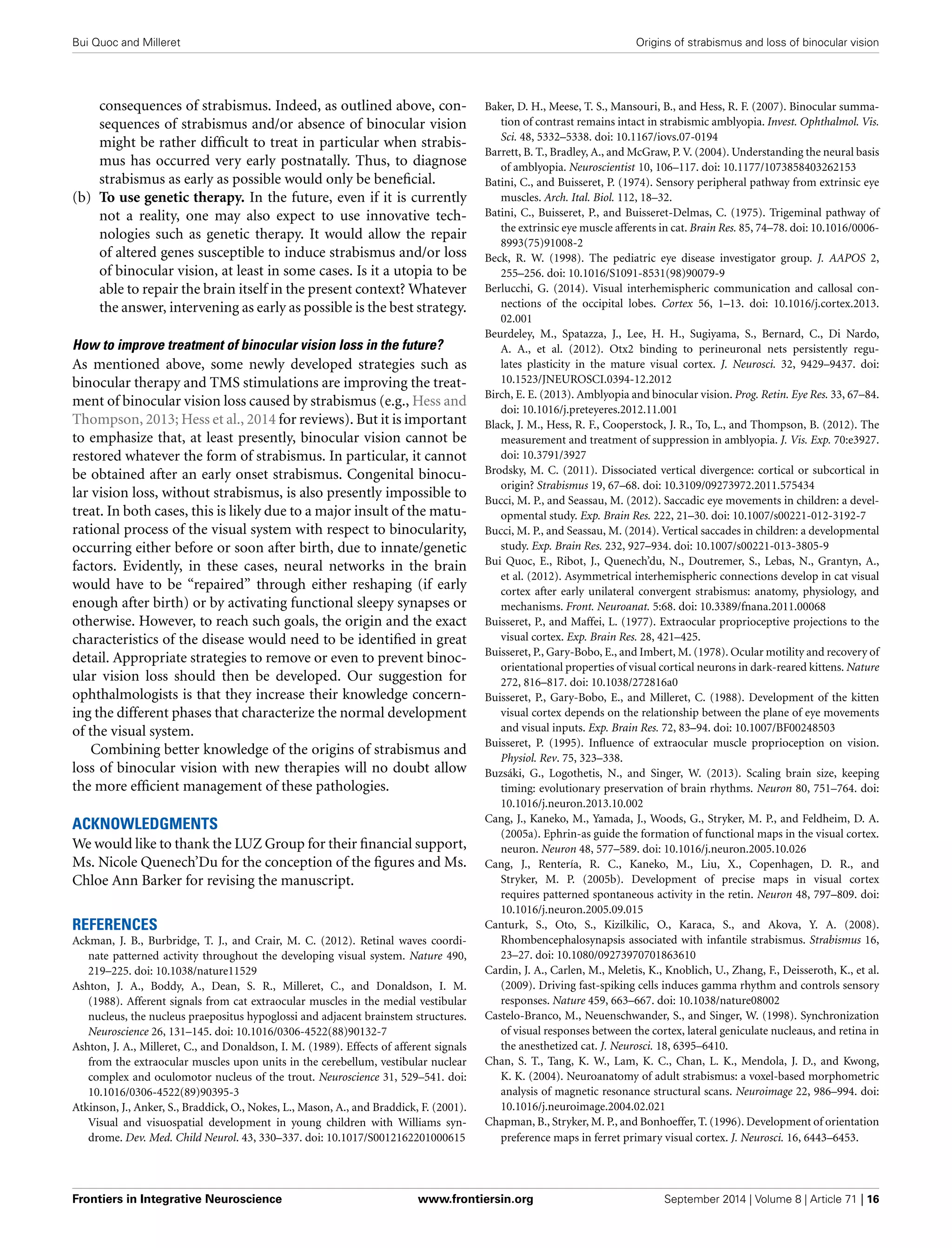 Bui Quoc and Milleret Origins of strabismus and loss of binocular vision
consequences of strabismus. Indeed, as outlined above, con-
sequences of strabismus and/or absence of binocular vision
might be rather difﬁcult to treat in particular when strabis-
mus has occurred very early postnatally. Thus, to diagnose
strabismus as early as possible would only be beneﬁcial.
(b) To use genetic therapy. In the future, even if it is currently
not a reality, one may also expect to use innovative tech-
nologies such as genetic therapy. It would allow the repair
of altered genes susceptible to induce strabismus and/or loss
of binocular vision, at least in some cases. Is it a utopia to be
able to repair the brain itself in the present context? Whatever
the answer, intervening as early as possible is the best strategy.
How to improve treatment of binocular vision loss in the future?
As mentioned above, some newly developed strategies such as
binocular therapy and TMS stimulations are improving the treat-
ment of binocular vision loss caused by strabismus (e.g., Hess and
Thompson, 2013; Hess et al., 2014 for reviews). But it is important
to emphasize that, at least presently, binocular vision cannot be
restored whatever the form of strabismus. In particular, it cannot
be obtained after an early onset strabismus. Congenital binocu-
lar vision loss, without strabismus, is also presently impossible to
treat. In both cases, this is likely due to a major insult of the matu-
rational process of the visual system with respect to binocularity,
occurring either before or soon after birth, due to innate/genetic
factors. Evidently, in these cases, neural networks in the brain
would have to be “repaired” through either reshaping (if early
enough after birth) or by activating functional sleepy synapses or
otherwise. However, to reach such goals, the origin and the exact
characteristics of the disease would need to be identiﬁed in great
detail. Appropriate strategies to remove or even to prevent binoc-
ular vision loss should then be developed. Our suggestion for
ophthalmologists is that they increase their knowledge concern-
ing the different phases that characterize the normal development
of the visual system.
Combining better knowledge of the origins of strabismus and
loss of binocular vision with new therapies will no doubt allow
the more efﬁcient management of these pathologies.
ACKNOWLEDGMENTS
We would like to thank the LUZ Group for their ﬁnancial support,
Ms. Nicole Quenech’Du for the conception of the ﬁgures and Ms.
Chloe Ann Barker for revising the manuscript.
REFERENCES
Ackman, J. B., Burbridge, T. J., and Crair, M. C. (2012). Retinal waves coordi-
nate patterned activity throughout the developing visual system. Nature 490,
219–225. doi: 10.1038/nature11529
Ashton, J. A., Boddy, A., Dean, S. R., Milleret, C., and Donaldson, I. M.
(1988). Afferent signals from cat extraocular muscles in the medial vestibular
nucleus, the nucleus praepositus hypoglossi and adjacent brainstem structures.
Neuroscience 26, 131–145. doi: 10.1016/0306-4522(88)90132-7
Ashton, J. A., Milleret, C., and Donaldson, I. M. (1989). Effects of afferent signals
from the extraocular muscles upon units in the cerebellum, vestibular nuclear
complex and oculomotor nucleus of the trout. Neuroscience 31, 529–541. doi:
10.1016/0306-4522(89)90395-3
Atkinson, J., Anker, S., Braddick, O., Nokes, L., Mason, A., and Braddick, F. (2001).
Visual and visuospatial development in young children with Williams syn-
drome. Dev. Med. Child Neurol. 43, 330–337. doi: 10.1017/S0012162201000615
Baker, D. H., Meese, T. S., Mansouri, B., and Hess, R. F. (2007). Binocular summa-
tion of contrast remains intact in strabismic amblyopia. Invest. Ophthalmol. Vis.
Sci. 48, 5332–5338. doi: 10.1167/iovs.07-0194
Barrett, B. T., Bradley, A., and McGraw, P. V. (2004). Understanding the neural basis
of amblyopia. Neuroscientist 10, 106–117. doi: 10.1177/1073858403262153
Batini, C., and Buisseret, P. (1974). Sensory peripheral pathway from extrinsic eye
muscles. Arch. Ital. Biol. 112, 18–32.
Batini, C., Buisseret, P., and Buisseret-Delmas, C. (1975). Trigeminal pathway of
the extrinsic eye muscle afferents in cat. Brain Res. 85, 74–78. doi: 10.1016/0006-
8993(75)91008-2
Beck, R. W. (1998). The pediatric eye disease investigator group. J. AAPOS 2,
255–256. doi: 10.1016/S1091-8531(98)90079-9
Berlucchi, G. (2014). Visual interhemispheric communication and callosal con-
nections of the occipital lobes. Cortex 56, 1–13. doi: 10.1016/j.cortex.2013.
02.001
Beurdeley, M., Spatazza, J., Lee, H. H., Sugiyama, S., Bernard, C., Di Nardo,
A. A., et al. (2012). Otx2 binding to perineuronal nets persistently regu-
lates plasticity in the mature visual cortex. J. Neurosci. 32, 9429–9437. doi:
10.1523/JNEUROSCI.0394-12.2012
Birch, E. E. (2013). Amblyopia and binocular vision. Prog. Retin. Eye Res. 33, 67–84.
doi: 10.1016/j.preteyeres.2012.11.001
Black, J. M., Hess, R. F., Cooperstock, J. R., To, L., and Thompson, B. (2012). The
measurement and treatment of suppression in amblyopia. J. Vis. Exp. 70:e3927.
doi: 10.3791/3927
Brodsky, M. C. (2011). Dissociated vertical divergence: cortical or subcortical in
origin? Strabismus 19, 67–68. doi: 10.3109/09273972.2011.575434
Bucci, M. P., and Seassau, M. (2012). Saccadic eye movements in children: a devel-
opmental study. Exp. Brain Res. 222, 21–30. doi: 10.1007/s00221-012-3192-7
Bucci, M. P., and Seassau, M. (2014). Vertical saccades in children: a developmental
study. Exp. Brain Res. 232, 927–934. doi: 10.1007/s00221-013-3805-9
Bui Quoc, E., Ribot, J., Quenech’du, N., Doutremer, S., Lebas, N., Grantyn, A.,
et al. (2012). Asymmetrical interhemispheric connections develop in cat visual
cortex after early unilateral convergent strabismus: anatomy, physiology, and
mechanisms. Front. Neuroanat. 5:68. doi: 10.3389/fnana.2011.00068
Buisseret, P., and Maffei, L. (1977). Extraocular proprioceptive projections to the
visual cortex. Exp. Brain Res. 28, 421–425.
Buisseret, P., Gary-Bobo, E., and Imbert, M. (1978). Ocular motility and recovery of
orientational properties of visual cortical neurons in dark-reared kittens. Nature
272, 816–817. doi: 10.1038/272816a0
Buisseret, P., Gary-Bobo, E., and Milleret, C. (1988). Development of the kitten
visual cortex depends on the relationship between the plane of eye movements
and visual inputs. Exp. Brain Res. 72, 83–94. doi: 10.1007/BF00248503
Buisseret, P. (1995). Inﬂuence of extraocular muscle proprioception on vision.
Physiol. Rev. 75, 323–338.
Buzsáki, G., Logothetis, N., and Singer, W. (2013). Scaling brain size, keeping
timing: evolutionary preservation of brain rhythms. Neuron 80, 751–764. doi:
10.1016/j.neuron.2013.10.002
Cang, J., Kaneko, M., Yamada, J., Woods, G., Stryker, M. P., and Feldheim, D. A.
(2005a). Ephrin-as guide the formation of functional maps in the visual cortex.
neuron. Neuron 48, 577–589. doi: 10.1016/j.neuron.2005.10.026
Cang, J., Rentería, R. C., Kaneko, M., Liu, X., Copenhagen, D. R., and
Stryker, M. P. (2005b). Development of precise maps in visual cortex
requires patterned spontaneous activity in the retin. Neuron 48, 797–809. doi:
10.1016/j.neuron.2005.09.015
Canturk, S., Oto, S., Kizilkilic, O., Karaca, S., and Akova, Y. A. (2008).
Rhombencephalosynapsis associated with infantile strabismus. Strabismus 16,
23–27. doi: 10.1080/09273970701863610
Cardin, J. A., Carlen, M., Meletis, K., Knoblich, U., Zhang, F., Deisseroth, K., et al.
(2009). Driving fast-spiking cells induces gamma rhythm and controls sensory
responses. Nature 459, 663–667. doi: 10.1038/nature08002
Castelo-Branco, M., Neuenschwander, S., and Singer, W. (1998). Synchronization
of visual responses between the cortex, lateral geniculate nucleaus, and retina in
the anesthetized cat. J. Neurosci. 18, 6395–6410.
Chan, S. T., Tang, K. W., Lam, K. C., Chan, L. K., Mendola, J. D., and Kwong,
K. K. (2004). Neuroanatomy of adult strabismus: a voxel-based morphometric
analysis of magnetic resonance structural scans. Neuroimage 22, 986–994. doi:
10.1016/j.neuroimage.2004.02.021
Chapman, B., Stryker, M. P., and Bonhoeffer, T. (1996). Development of orientation
preference maps in ferret primary visual cortex. J. Neurosci. 16, 6443–6453.
Frontiers in Integrative Neuroscience www.frontiersin.org September 2014 | Volume 8 | Article 71 | 16
 
