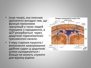 • Існує теорія, яка пояснює
ідіопатичні випадки тим, що
функція пахіонових
грануляцій у таких людей
порушена з народження, а
ЦСР резорбується через
додаткові паренхіматозні
трансвенозні канали.
• У міру старіння пацієнта і
виникнення захворювання
дрібних судин ці додаткові
шляхи ушкоджуються і
більше не можуть служити
для відтоку рідини.
 