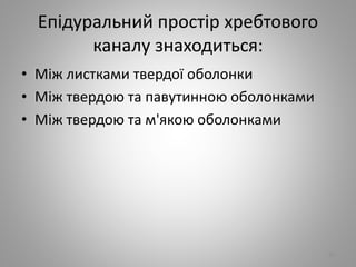 Епiдуральний простiр хребтового
каналу знаходиться:
• Мiж листками твердої оболонки
• Мiж твердою та павутинною оболонками
• Мiж твердою та м'якою оболонками
90
 