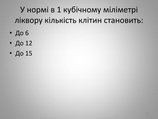 У нормi в 1 кубiчному мiлiметрi
лiквору кiлькiсть клiтин становить:
• До 6
• До 12
• До 15
99
 