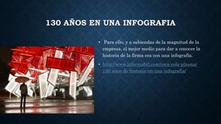 130 AÑOS EN UNA INFOGRAFIA
• Para ello, y a sabiendas de la magnitud de la
empresa, el mejor medio para dar a conocer la
historia de la firma era con una infografía.
• http://www.informabtl.com/coca-cola-plasma-
130-anos-de-historia-en-una-infografia/
 