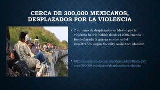 CERCA DE 300,000 MEXICANOS,
DESPLAZADOS POR LA VIOLENCIA
• 2 millones de desplazados en México por la
violencia habría habido desde el 2006, cuando
fue declarada la guerra en contra del
narcotráfico, según Security Assistance Monitor.
• http://eleconomista.com.mx/sociedad/2016/05/15/c
erca-300000-mexicanos-desplazados-violencia
 
