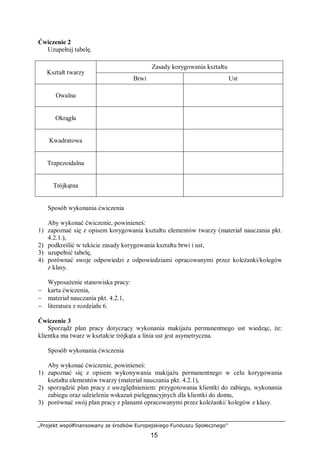 „Projekt współfinansowany ze środków Europejskiego Funduszu Społecznego”
15
Ćwiczenie 2
Uzupełnij tabelę.
Zasady korygowania kształtu
Kształt twarzy
Brwi Ust
Owalna
Okrągła
Kwadratowa
Trapezoidalna
Trójkątna
Sposób wykonania ćwiczenia
Aby wykonać ćwiczenie, powinieneś:
1) zapoznać się z opisem korygowania kształtu elementów twarzy (materiał nauczania pkt.
4.2.1.),
2) podkreślić w tekście zasady korygowania kształtu brwi i ust,
3) uzupełnić tabelę,
4) porównać swoje odpowiedzi z odpowiedziami opracowanymi przez koleżanki/kolegów
z klasy.
Wyposażenie stanowiska pracy:
− karta ćwiczenia,
− materiał nauczania pkt. 4.2.1,
− literatura z rozdziału 6.
Ćwiczenie 3
Sporządź plan pracy dotyczący wykonania makijażu permanentnego ust wiedząc, że:
klientka ma twarz w kształcie trójkąta a linia ust jest asymetryczna.
Sposób wykonania ćwiczenia
Aby wykonać ćwiczenie, powinieneś:
1) zapoznać się z opisem wykonywania makijażu permanentnego w celu korygowania
kształtu elementów twarzy (materiał nauczania pkt. 4.2.1),
2) sporządzić plan pracy z uwzględnieniem: przygotowania klientki do zabiegu, wykonania
zabiegu oraz udzielenia wskazań pielęgnacyjnych dla klientki do domu,
3) porównać swój plan pracy z planami opracowanymi przez koleżanki/ kolegów z klasy.
 