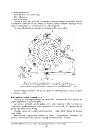 „Projekt współfinansowany ze środków Europejskiego Funduszu Społecznego”
9
− papier parafinowany,
− papier parafinowany laminowany,
− folię wiskozową,
− folię aluminiową.
Obecnie w większości zakładów cukierniczych zawijanie odbywa maszynowo. Jedynie
w mniejszych zakładach cukierki zawija się ręcznie. Podczas zawijania ręcznego należy
zwracać szczególną uwagę na higienę osobistą osób pakujących.
Na rysunku 2 pokazano maszynę do zawijania karmelków na dwuskręt.
Rys. 2. Automat do zawijania karmelków na dwuskręt: 1 – wlot cukierków,
2 – talerz obrotowy, 3 – szpule do opakowania, 4 – podkładka, 5 – etykieta, 6 – popychacz,
7 – głowica obrotowa, 8 – palce obrotowe, 9 – wyrzutnik, 10 – rynienka odbiorcza [7, s. 112]
Niektóre rodzaje cukierków, np. cukierki pudrowe, karmelki pakuje się bez zawijania
w metalowe puszki.
Pakowanie wyrobów cukierniczych
Produkty cukiernicze powinny być tak zapakowane i zabezpieczone, aby ich jakość nie
ulegała pogorszeniu w czasie transportu.
Zawinięte w etykietki karmelki pakuje się w torby zgrzewne z folii polietylenowej
o pojemności 4÷6 kg, a następnie pudła transportowe z tektury w ilości 6÷25 kg netto. Lizaki
pakuje się w pudła w ilości 4÷6 kg.
Pomadki pakuje się w opakowania transportowe – pudła z tektury falistej lub kartony
o poj. 2÷5 kg.
Opakowaniem bezpośrednim drażetek są torebki z polipropylenu, polietylenu lub
celofanu. Pakowanie drażetek odbywa się najczęściej mechanicznie – rysunek 3.
 