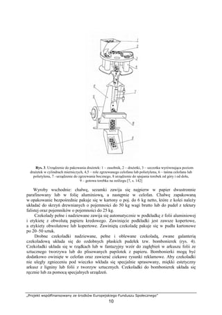 „Projekt współfinansowany ze środków Europejskiego Funduszu Społecznego”
10
Rys. 3. Urządzenie do pakowania drażetek: 1 – zasobnik, 2 – drażetki, 3 – szczotka wyrównująca poziom
drażetek w cylindrach mierniczych, 4,5 – role zgrzewanego celofanu lub polietylenu, 6 – taśma celofanu lub
polietylenu, 7 –urządzenie do zgrzewania bocznego, 8 urządzenie do spajania torebek od góry i od dołu,
9 – gotowa torebka na ześlizgu [7, s. 142]
Wyroby wschodnie: chałwę, sezamki zawija się najpierw w papier dwustronnie
parafinowany lub w folię aluminiową, a następnie w celofan. Chałwę zapakowaną
w opakowanie bezpośrednie pakuje się w kartony o poj. do 6 kg netto, które z kolei należy
układać do skrzyń drewnianych o pojemności do 50 kg wagi brutto lub do pudeł z tektury
falistej oraz pojemników o pojemności do 25 kg.
Czekolady pełne i nadziewane zawija się automatycznie w podkładkę z folii aluminiowej
i etykietę z obwolutą papieru kredowego. Zawinięcie podkładki jest zawsze kopertowe,
a etykiety obwolutowe lub kopertowe. Zawiniętą czekoladę pakuje się w pudła kartonowe
po 20–50 sztuk.
Drobne czekoladki nadziewane, pełne i oblewane czekoladą, zwane galanterią
czekoladową układa się do ozdobnych płaskich pudełek tzw. bombonierek (rys. 4).
Czekoladki układa się w rządkach lub w fantazyjny wzór do zagłębień w arkuszu folii ze
sztucznego tworzywa lub do plisowanych papilotek z papieru. Bombonierki mogą być
dodatkowo owinięte w celofan oraz zawierać ciekawe rysunki reklamowe. Aby czekoladki
nie uległy zgnieceniu pod wieczko wkłada się specjalnie sprasowany, miękki estetyczny
arkusz z ligniny lub folii z tworzyw sztucznych. Czekoladki do bombonierek układa się
ręcznie lub za pomocą specjalnych urządzeń.
 