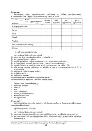 „Projekt współfinansowany ze środków Europejskiego Funduszu Społecznego”
29
Ćwiczenie 4
Zaobserwuj zmiany organoleptyczne zachodzące w chałwie przechowywanej
w temperaturze 25ºC. Wyniki swoich obserwacji zapisz w tabeli:
Czas
przechowywania
Wskaźniki
chałwa
świeża
po 1
tygodniu
po 2
tygodniach
po 3
tygodniach
Wygląd powierzchni
Barwa
Smak
Zapach
Przełom
Inne zaobserwowane zmiany
Wnioski
Sposób wykonania ćwiczenia
Aby wykonać ćwiczenie, powinieneś:
1) zapoznać się z warunkami przechowywania chałwy,
2) przygotować próbkę chałwy,
3) ustalić cechy brane pod uwagę podczas oceny organoleptycznej chałwy,
4) wykonać ocenę organoleptyczną chałwy zaraz po wyprodukowaniu,
5) umieścić chałwę w pomieszczeniu, w którym temperatura jest bliska 25ºC,
6) obserwować zmiany zachodzące w wyrobie w trakcie przechowywania (po 1, 2, 3-
-tygodniach),
7) zanotować zaobserwowane zmiany,
8) wypełnić tabelę,
9) zanotować wnioski,
10) porównać swoje wnioski z wnioskami kolegów,
11) zaprezentować wykonane ćwiczenie nauczycielowi.
Wyposażenie stanowiska pracy:
− materiały biurowe,
− chałwa,
− nóż,
− deska do krojenia,
− norma jakościowa chałwy,
− Poradnik dla ucznia
− tekst przewodni.
Ćwiczenie 5
Zaprojektuj zbiór przepisów higienicznych dla pracowników wykonujących dekorowanie
pieczywa cukierniczego.
Sposób wykonania ćwiczenia
Aby wykonać ćwiczenie, powinieneś:
1) zapoznać się z przepisami bezpieczeństwa i higieny pracy w zakładzie cukierniczym,
2) przeanalizować najczęściej popełniane błędy higieniczne przez pracowników zakładów
cukierniczych,
 