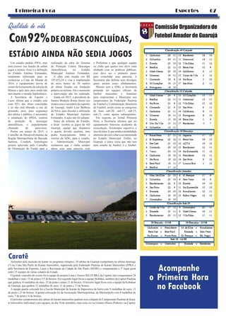 Com92%deobrasconcluídas,
estádio ainda não sedia jogos
Qualidade de vida Comissão Organizadora de
Futebol Amador de Guarujá
07Primeira Hora Esportes
Um estádio padrão FIFA, mas
sem exercer sua função de sediar
jogos e treinos. Essa é a definição
do Estádio Antônio Fernandes,
totalmente reformado para se
credenciar a Copa do Mundo de
2014, o equipamento serviu de
centrodetreinamentodaseleçãoda
Bósnia e após dois anos ainda não
movimento o mundo futebolístico.
A Secretaria de Esporte e
Lazer afirma que o estádio está
com 92℅ das obras concluídas
e só não está liberado o uso do
gramado, pois, para segurança
dos atletas e público, é necessária
a instalação do SPDA, sistema
de proteção de descargas
atmosféricas, o popularmente
chamado de para-raios.
Porém em março de 2015, o
Conselho de Desenvolvimento da
Região Metropolitana da Baixada
Santista, Condesb, homologou
projeto aprovado pelo Conselho
de Orientação do Fundo para a
realização da obra do Sistema
de Proteção Contra Descargas
Atmosféricas, no Estádio
Municipal Antônio Fernandes.
A obra está orçada em R$
185.652,24 e visa a implantação
de nove hastes de 20 metros
de altura fixadas em fundação
própria no terreno. Até o momento
a intervenção não foi realizada.
Ainda em 2015, o presidente do
Santos Modesto Roma Júnior seu
reuniu com o secretário de esportes
de Guarujá, André Luiz Barbosa
da Silva, para discutir a utilização
do Estádio Municipal Antônio
Fernandes. A ação não foi adiante.
Antes da reforma do Estádio,
o local recebia os jogos da AD
Guarujá, equipe que disputava
a quarta divisão paulista, mas
pediu licenciamento. Sobre o
retorno da ADG, para o estádio,
a Administração Municipal
esclareceu que o clube sempre
atuou com uma parceria com
Animados pela inclusão do karate no programa olímpico, 28 atletas de Guarujá competiram no ultimo domingo
(7) na Copa São Paulo de Karate Interestilos, organizada pela Federação Paulista de Karate Interestilos (FPKI) e
pela Secretaria de Esportes, Lazer e Recreação da Cidade de São Paulo (SEME) e conquistaram o 3º lugar geral
entre 25 equipes de várias cidades do Estado.
O grande vencedor do evento foi a equipe do projeto Lutar e Vencer SELJ/CBKI, da Capital, eles conquistaram 24
medalhas e ouro, 15 de prata e 15 de bronze. Em segundo lugar ficou a equipe Heibikai, também da Capital Paulista
que ganhou 14 medalhas de ouro, 15 de prata e outras 21 de bronze. O terceiro lugar ficou com a equipe da Kobukan
de Guarujá, que ganhou 12 medalhas de ouro, 11 de prata e 13 de bronze.
A equipe quarta colocada foi a Escola Municipal de Karate de Itapecerica da Serra com 9 medalhas de ouro, 13
de prata e 23 de bronze. A quinta colocação foi da Associação Martinopolense, de Martinópolis com 8 medalhas de
ouro, 7 de prata e 4 de bronze.
O próximo compromisso dos atletas do karate interestilos paulista será a disputa do Campeonato Paulista de Kara-
te Interestilos individual e por equipes, no dia 18 de setembro, mais uma vez no Ginásio Mauro Pinheiro, na Capital.
a Prefeitura e que qualquer equipe
ou clube que queira isso deve estar
alinhado com as políticas públicas,
esse deve ser o primeiro passo
para consolidar uma parceria. A
Secretaria não definiu nem divulgou
quais seriam esses alinhamentos.
Mesmo sem a ADG, a Secretaria
pretende ter equipes oficiais de
futebol masculino e feminino
para reapresentar o Município nos
campeonatos da Federação Paulista
de Futebol e Confederação Brasileira
de Futebol, assim como as categorias
de base sub-20, sub-17, sub-15,
sub-13, como apoios subsequentes.
Em resposta ao Jornal Primeira
Hora, a Secretaria afirmou que no
equipamento funciona academia de
musculação, fisioterapia esportiva e
área de lutas. E que ainda a modalidade
atletismodeverávoltaraserministrada
no Estádio Municipal. Enfim, no
Guarujá, a única coisa que não tem
num estádio de futebol, é o futebol.
Caratê
Acompanhe
o Primeira Hora
no Facebook
 