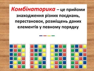 Комбінаторика – це прийоми
знаходження різних поєднань,
перестановок, розміщень даних
елементів у певному порядку
 