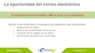 El impacto del email marketing NO se limita a su rentabilidad!
Ayuda a los minoristas a conseguir sus objetivos más importantes:
• Generación de leads
• Mejora del conocimiento de la marca
• Aumento de la calidad de los datos
• Incremento del tráfico en el sitio web
La oportunidad del correo electrónico
 
