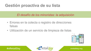 • Errores en la colecta o registro de direcciones
falsas
• Utilización de un servicio de limpieza de listas
Gestión proactiva de su lista
El desafío de los minoristas: la adquisición
 