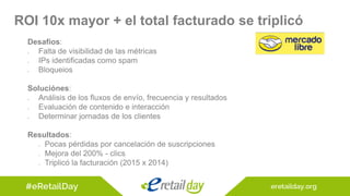 Desafíos:
 Falta de visibilidad de las métricas
 IPs identificadas como spam
 Bloqueios
Soluciónes:
 Análisis de los fluxos de envío, frecuencia y resultados
 Evaluación de contenido e interacción
 Determinar jornadas de los clientes
Resultados:
 Pocas pérdidas por cancelación de suscripciones
 Mejora del 200% - clics
 Triplicó la facturación (2015 x 2014)
ROI 10x mayor + el total facturado se triplicó
 