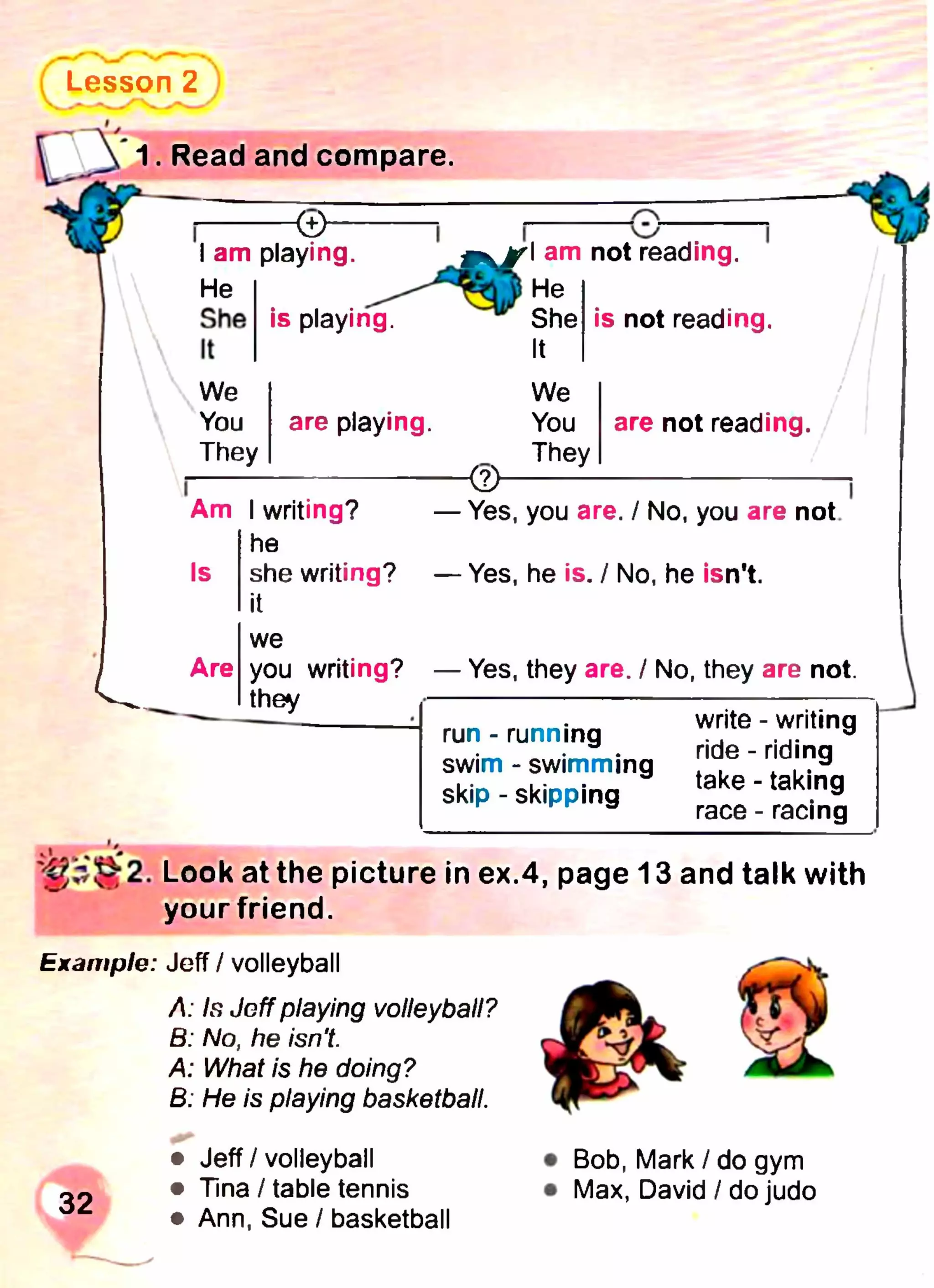Lesson 2
1. Read and compare.
і am playing.
He
is playing.
are playing.
I "O"
I am not reading.
He
She
It
is not reading.
We
You
They
We
You
They
are not reading.
і
L
--------------------------------------------------------------------------------< 2 >
Am I writing? — Yes, you are. / No, you are not
he
Is she writing? — Yes, he is. / No, he isn't,
it
we
Are you writing? — Yes, they are. / No, they are not.
they
run - running
swim - swimming
skip - skipping
write - writing
ride - riding
take - taking
race - racing
J
Look at the picture in ex.4, page 13 and talk with
your friend.
Example: Jeff / volleyball
A: Is Jeffplaying volleyball?
В: No, he isn’t.
A: What is he doing?
В: He is playing basketball.
• Jeff / volleyball • Bob, Mark / do gym
• Tina / table tennis • Max, David / do judo
• Ann, Sue / basketball
 