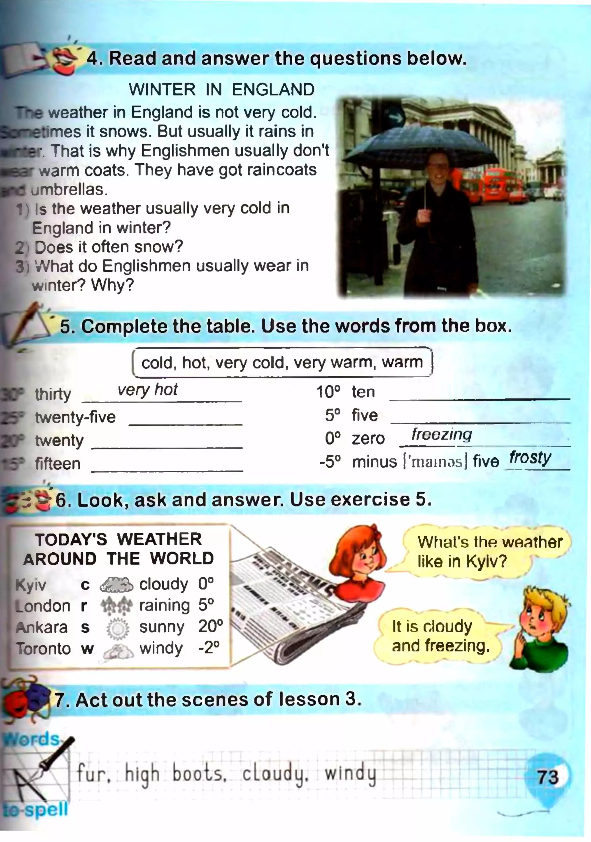 WINTER IN ENGLAND
weather in England is not very cold.
»times it snows. But usually it rains in
к. That is why Englishmen usually don’t
warm coats. They have got raincoats
umbrellas.
1)Is the weather usually very cold in
England in winter?
2 Does it often snow?
3) What do Englishmen usually wear in
winter? Why?
4. Read and answer the questions below
5. Complete the table. Use the words from the box.
cold, hot, very cold, very warm, warm
thirty _
twenty-five
twenty___
fifteen
very hot
о
О
T“
ten
СЛо
five
о
О
zero
1СПо
minus
frcezinq
6. Look, ask and answer. Use exercise 5.
(
TODAY'S WEATHER
AROUND THE WORLD
Kyiv с £ 3 cloudy 0° f
London r h<‘t raining 5° s
Ankara s sunny 20°
Toronto w windy -2°
What's the weather
like in Kyiv?
It is doudy
and freezing.
7. Act out the scenes of lesson 3.
fur, high boots, cLoudy, windy 73
spell
 