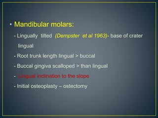 • Mandibular molars:
- Lingually tilted (Dempster et al 1963)- base of crater
lingual
- Root trunk length lingual > buccal
- Buccal gingiva scalloped > than lingual
- Lingual inclination to the slope
- Initial osteoplasty – ostectomy
 