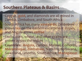 Southern Plateaus & Basins
•Copper, gold, and diamonds are all mined in
Zambia, Zimbabwe, and South Africa
•South Africa has many vineyards; Zimbabwe
grows tea on the eastern escarpment slopes,
and Angola grows coffee
•Fruits, corn, wheat, and other grains are
grown across the region
•Countries: Angola, Zambia, Malawi, Comoros,
Mozambique, Zimbabwe, Namibia, Botswana,
Swaziland, Lesotho, South Africa, Madagascar
 