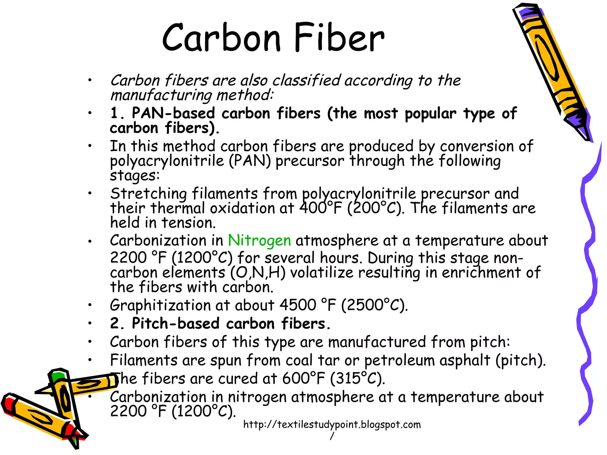 • Carbon fibers are also classified according to the
manufacturing method:
• 1. PAN-based carbon fibers (the most popular type of
carbon fibers).
• In this method carbon fibers are produced by conversion of
polyacrylonitrile (PAN) precursor through the following
stages:
• Stretching filaments from polyacrylonitrile precursor and
their thermal oxidation at 400°F (200°C). The filaments are
held in tension.
• Carbonization in Nitrogen atmosphere at a temperature about
2200 °F (1200°C) for several hours. During this stage non-
carbon elements (O,N,H) volatilize resulting in enrichment of
the fibers with carbon.
• Graphitization at about 4500 °F (2500°C).
• 2. Pitch-based carbon fibers.
• Carbon fibers of this type are manufactured from pitch:
• Filaments are spun from coal tar or petroleum asphalt (pitch).
• The fibers are cured at 600°F (315°C).
• Carbonization in nitrogen atmosphere at a temperature about
2200 °F (1200°C).
Carbon Fiber
http://textilestudypoint.blogspot.com
/
 