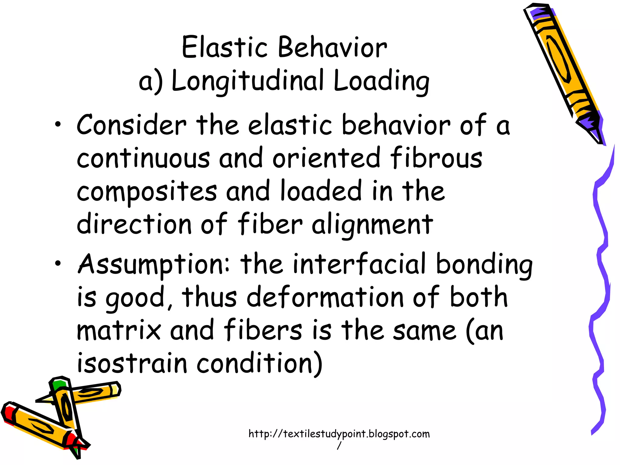 Elastic Behavior
a) Longitudinal Loading
• Consider the elastic behavior of a
continuous and oriented fibrous
composites and loaded in the
direction of fiber alignment
• Assumption: the interfacial bonding
is good, thus deformation of both
matrix and fibers is the same (an
isostrain condition)
http://textilestudypoint.blogspot.com
/
 