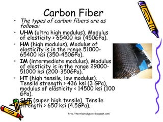 Carbon Fiber
• The types of carbon fibers are as
follows:
• UHM (ultra high modulus). Modulus
of elasticity > 65400 ksi (450GPa).
• HM (high modulus). Modulus of
elasticity is in the range 51000-
65400 ksi (350-450GPa).
• IM (intermediate modulus). Modulus
of elasticity is in the range 29000-
51000 ksi (200-350GPa).
• HT (high tensile, low modulus).
Tensile strength > 436 ksi (3 GPa),
modulus of elasticity < 14500 ksi (100
GPa).
• SHT (super high tensile). Tensile
strength > 650 ksi (4.5GPa).
http://textilestudypoint.blogspot.com/
 