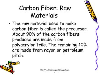 Carbon Fiber: Raw
Materials
• The raw material used to make
carbon fiber is called the precursor.
About 90% of the carbon fibers
produced are made from
polyacrylonitrile. The remaining 10%
are made from rayon or petroleum
pitch.
http://textilestudypoint.blogspot.com
/
 