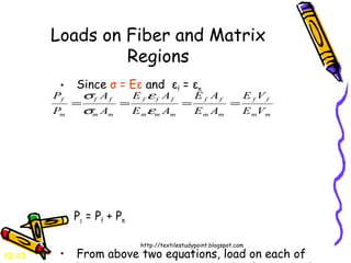 Loads on Fiber and Matrix
Regions
• Since σ = Eε and εf = εm
Pc = Pf + Pm
• From above two equations, load on each of
mm
ff
mm
ff
mmm
fff
mm
ff
m
f
VE
VE
AE
AE
AE
AE
A
A
P
P
====
ε
ε
σ
σ
12-13
http://textilestudypoint.blogspot.com
/
 