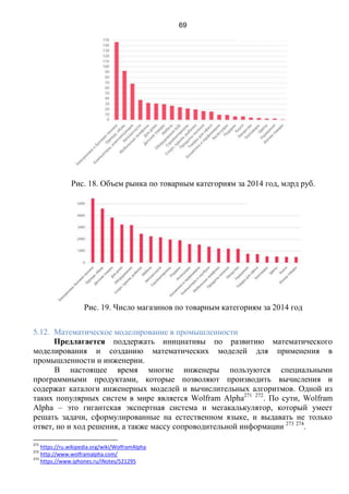 69
Рис. 18. Объем рынка по товарным категориям за 2014 год, млрд руб.
Рис. 19. Число магазинов по товарным категориям за 2014 год
5.12. Математическое моделирование в промышленности
Предлагается поддержать инициативы по развитию математического
моделирования и созданию математических моделей для применения в
промышленности и инженерии.
В настоящее время многие инженеры пользуются специальными
программными продуктами, которые позволяют производить вычисления и
содержат каталоги инженерных моделей и вычислительных алгоритмов. Одной из
таких популярных систем в мире является Wolfram Alpha271 272
. По сути, Wolfram
Alpha – это гигантская экспертная система и мегакалькулятор, который умеет
решать задачи, сформулированные на естественном языке, и выдавать не только
ответ, но и ход решения, а также массу сопроводительной информации 273 274
.
271
https://ru.wikipedia.org/wiki/WolframAlpha
272
http://www.wolframalpha.com/
273
https://www.iphones.ru/iNotes/521295
 