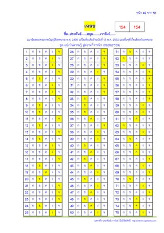หน้า 49 จาก 51
(แจกฟรี) ประพันธ์ เวารัมย์ (ไม่มีลิขสิทธิ์) http://valrom.igetweb.com
เฉลย
ชื่อ..ประพันธ์......สกุล........เวารัมย์......
แนวข้อสอบพระราชบัญญัติเทศบาล พ.ศ. 2496 แก้ไขเพิ่มเติมถึงฉบับที่ 13 พ.ศ. 2552 และอื่นๆที่เกี่ยวข้องกับเทศบาล
ชุด แบ่งปันความรู้ สู่ความก้าวหน้า (02/07/2559)
1 ก ข ค ง จ 26 ก ข ค ง จ 51 ก ข ค ง จ
2 ก ข ค ง จ 27 ก ข ค ง จ 52 ก ข ค ง จ
3 ก ข ค ง จ 28 ก ข ค ง จ 53 ก ข ค ง จ
4 ก ข ค ง จ 29 ก ข ค ง จ 54 ก ข ค ง จ
5 ก ข ค ง จ 30 ก ข ค ง จ 55 ก ข ค ง จ
6 ก ข ค ง จ 31 ก ข ค ง จ 56 ก ข ค ง จ
7 ก ข ค ง จ 32 ก ข ค ง จ 57 ก ข ค ง จ
8 ก ข ค ง จ 33 ก ข ค ง จ 58 ก ข ค ง จ
9 ก ข ค ง จ 34 ก ข ค ง จ 59 ก ข ค ง จ
10 ก ข ค ง จ 35 ก ข ค ง จ 60 ก ข ค ง จ
11 ก ข ค ง จ 36 ก ข ค ง จ 61 ก ข ค ง จ
12 ก ข ค ง จ 37 ก ข ค ง จ 62 ก ข ค ง จ
13 ก ข ค ง จ 38 ก ข ค ง จ 63 ก ข ค ง จ
14 ก ข ค ง จ 39 ก ข ค ง จ 64 ก ข ค ง จ
15 ก ข ค ง จ 40 ก ข ค ง จ 65 ก ข ค ง จ
16 ก ข ค ง จ 41 ก ข ค ง จ 66 ก ข ค ง จ
17 ก ข ค ง จ 42 ก ข ค ง จ 67 ก ข ค ง จ
18 ก ข ค ง จ 43 ก ข ค ง จ 68 ก ข ค ง จ
19 ก ข ค ง จ 44 ก ข ค ง จ 69 ก ข ค ง จ
20 ก ข ค ง จ 45 ก ข ค ง จ 70 ก ข ค ง จ
21 ก ข ค ง จ 46 ก ข ค ง จ 71 ก ข ค ง จ
22 ก ข ค ง จ 47 ก ข ค ง จ 72 ก ข ค ง จ
23 ก ข ค ง จ 48 ก ข ค ง จ 73 ก ข ค ง จ
24 ก ข ค ง จ 49 ก ข ค ง จ 74 ก ข ค ง จ
25 ก ข ค ง จ 50 ก ข ค ง จ 75 ก ข ค ง จ
154 154
 