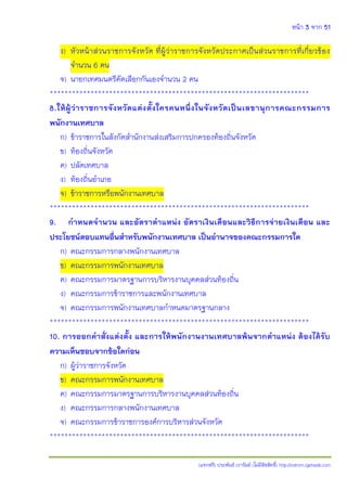 หน้า 3 จาก 51
(แจกฟรี) ประพันธ์ เวารัมย์ (ไม่มีลิขสิทธิ์) http://valrom.igetweb.com
ง) หัวหน้าส่วนราชการจังหวัด ที่ผู้ว่าราชการจังหวัดประกาศเป็นส่วนราชการที่เกี่ยวข้อง
จานวน 6 คน
จ) นายกเทศมนตรีคัดเลือกกันเองจานวน 2 คน
**********************************************************************
8.ให้ผู้ว่าราชการจังหวัดแต่งตั้งใครคนหนึ่งในจังหวัดเป็นเลขานุการคณะกรรมการ
พนักงานเทศบาล
ก) ข้าราชการในสังกัดสานักงานส่งเสริมการปกครองท้องถิ่นจังหวัด
ข) ท้องถิ่นจังหวัด
ค) ปลัดเทศบาล
ง) ท้องถิ่นอาเภอ
จ) ข้าราชการหรือพนักงานเทศบาล
**********************************************************************
9. กาหนดจานวน และอัตราตาแหน่ง อัตราเงินเดือนและวิธีการจ่ายเงินเดือน และ
ประโยชน์ตอบแทนอื่นสาหรับพนักงานเทศบาล เป็นอานาจของคณะกรรมการใด
ก) คณะกรรมการกลางพนักงานเทศบาล
ข) คณะกรรมการพนักงานเทศบาล
ค) คณะกรรมการมาตรฐานการบริหารงานบุคคลส่วนท้องถิ่น
ง) คณะกรรมการข้าราชการและพนักงานเทศบาล
จ) คณะกรรมการพนักงานเทศบาลกาหนดมาตรฐานกลาง
**********************************************************************
10. การออกคาสั่งแต่งตั้ง และการให้พนักงานงานเทศบาลพ้นจากตาแหน่ง ต้องได้รับ
ความเห็นชอบจากข้อใดก่อน
ก) ผู้ว่าราชการจังหวัด
ข) คณะกรรมการพนักงานเทศบาล
ค) คณะกรรมการมาตรฐานการบริหารงานบุคคลส่วนท้องถิ่น
ง) คณะกรรมการกลางพนักงานเทศบาล
จ) คณะกรรมการข้าราชการองค์การบริหารส่วนจังหวัด
**********************************************************************
 