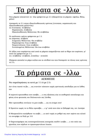 Τα ρήματα σε -λλω
Όσα ρήματα τελειώνουν σε -λλω γράφονται με 2 λ (εξαιρούνται τα ρήματα: οφείλω, θέλω,
μέλει)
Διατηρούν τα 2 λ στους εξακολουθητικούς χρόνους (ενεστώτα, παρατατικός και
εξακολουθητικός μέλλοντας)
πχ Ενεστώτας: Αναβάλλω
Παρατατικός: Ανέβαλλα
Εξακολουθητικός Μέλλοντας: θα αναβάλλω
Οι υπόλοιποι χρόνοι γράφονται με 1 λ
πχ Αόριστος: Ανέβαλα
Στιγμιαίος Μέλλοντας: Θα αναβάλω
Παρακείμενος: Έχω αναβάλει
Υπερσυντέλικος: Είχα αναβάλει
Συντελεσμένος Μέλλοντας: Θα έχω αναβάλει
Οι λέξεις που παράγονται από αυτά τα ρήματα σχηματίζονται από το θέμα του αορίστου, γι’
αυτό και γράφονται με 1 λ.
πχ: αναβάλλω -αναβολή, ανατέλλω - ανατολή
Εξαίρεση αποτελεί το ρήμα κολλώ και τα σύνθετά του που διατηρούν σε όλους τους χρόνους
τα 2 λ.
ΑΣΚΗΣΕΙΣ
Τα ρήματα σε -λλω
Να συμπληρώσεις τα κενά με 1 λ ή με 2 λ:
Δεν είναι σωστό να βα......εις εναντίον κάποιου χωρίς τρανταχτές αποδείξεις για το λάθος
του
Η περσινή προσπάθεια που κατέβα......ε στις εξετάσεις είχε το επιθυμητό αποτέλεσμα και
φέτος είναι φοιτητής στο Πολυτεχνείο της Ξάνθης
Μην προσπαθείς συνέχεια να μου επιβα......εις τη γνώμη σου!
Η Χριστίνα χωρίς να το θέλει προσέβα......ε μ’ αυτά που είπε το ξάδερφό της, τον Λευτέρη
Η Μπαρτσελόνα κατόρθωσε να επιβά......ει από νωρίς το ρυθμό της στον αγώνα και τελικά
να συντρίψει τη Ρεάλ με 3-0
Ο δημοσιογράφος της κουτσομπολίστικης εκπομπής σχεδόν εισέβα......ε στο σπίτι της
γριούλας που κέρδισε το πρωτοχρωνιάτικο λαχείο.
Επιμέλεια: Χρήστος Χαρμπής http://e-taksh.blogspot.gr σελ.33
 