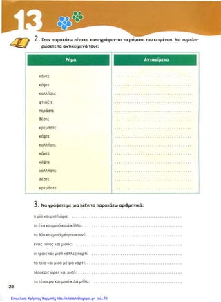 Επιμέλεια: Χρήστος Χαρμπής http://e-taksh.blogspot.gr σελ.76
το περίγραμμα
.
τους κύκλους
.
τους κύκλους
.
μια τρύπα
.
το σπάγκο
.
το σπάγκο
.
το μόμπιλο
.
σχέδια, φωτογραφίες, κάρτες
.
τα
.
το περίγραμμα
.
τες
.
τους κύκλους
.
το νήμα
.
το μόμπιλο
μιάμιση ώρα
ενάμισι κιλό κόλλα
δυόμισι μέτρα σχοινί
ενάμισης τόνος
τρεισήμισι κόλλες χαρτί
τριάμισι μέτρα χαρτί
τεσσερισήμισι ώρες
τεσσεράμισι κιλά μήλα
 