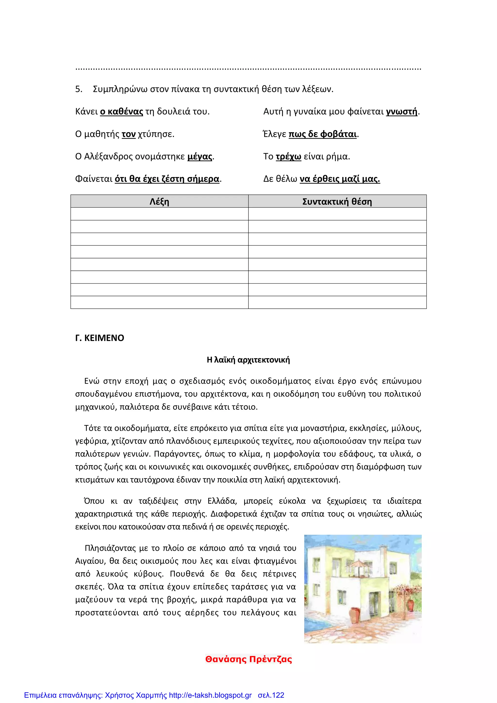 Θανάσης Πρέντζας
.........................................................................................................................................
5. Συμπληρώνω στον πίνακα τη συντακτική θέση των λέξεων.
Κάνει ο καθένας τη δουλειά του.
Ο μαθητής τον χτύπησε.
Ο Αλέξανδρος ονομάστηκε μέγας.
Φαίνεται ότι θα έχει ζέστη σήμερα.
Αυτή η γυναίκα μου φαίνεται γνωστή.
Έλεγε πως δε φοβάται.
Το τρέχω είναι ρήμα.
Δε θέλω να έρθεις μαζί μας.
Λέξη Συντακτική θέση
Γ. ΚΕΙΜΕΝΟ
Η λαϊκή αρχιτεκτονική
Ενώ στην εποχή μας ο σχεδιασμός ενός οικοδομήματος είναι έργο ενός επώνυμου
σπουδαγμένου επιστήμονα, του αρχιτέκτονα, και η οικοδόμηση του ευθύνη του πολιτικού
μηχανικού, παλιότερα δε συνέβαινε κάτι τέτοιο.
Τότε τα οικοδομήματα, είτε επρόκειτο για σπίτια είτε για μοναστήρια, εκκλησίες, μύλους,
γεφύρια, χτίζονταν από πλανόδιους εμπειρικούς τεχνίτες, που αξιοποιούσαν την πείρα των
παλιότερων γενιών. Παράγοντες, όπως το κλίμα, η μορφολογία του εδάφους, τα υλικά, ο
τρόπος ζωής και οι κοινωνικές και οικονομικές συνθήκες, επιδρούσαν στη διαμόρφωση των
κτισμάτων και ταυτόχρονα έδιναν την ποικιλία στη λαϊκή αρχιτεκτονική.
Όπου κι αν ταξιδέψεις στην Ελλάδα, μπορείς εύκολα να ξεχωρίσεις τα ιδιαίτερα
χαρακτηριστικά της κάθε περιοχής. Διαφορετικά έχτιζαν τα σπίτια τους οι νησιώτες, αλλιώς
εκείνοι που κατοικούσαν στα πεδινά ή σε ορεινές περιοχές.
Πλησιάζοντας με το πλοίο σε κάποιο από τα νησιά του
Αιγαίου, θα δεις οικισμούς που λες και είναι φτιαγμένοι
από λευκούς κύβους. Πουθενά δε θα δεις πέτρινες
σκεπές. Όλα τα σπίτια έχουν επίπεδες ταράτσες για να
μαζεύουν τα νερά της βροχής, μικρά παράθυρα για να
προστατεύονται από τους αέρηδες του πελάγους και
Επιμέλεια επανάληψης: Χρήστος Χαρμπής http://e-taksh.blogspot.gr σελ.122
 