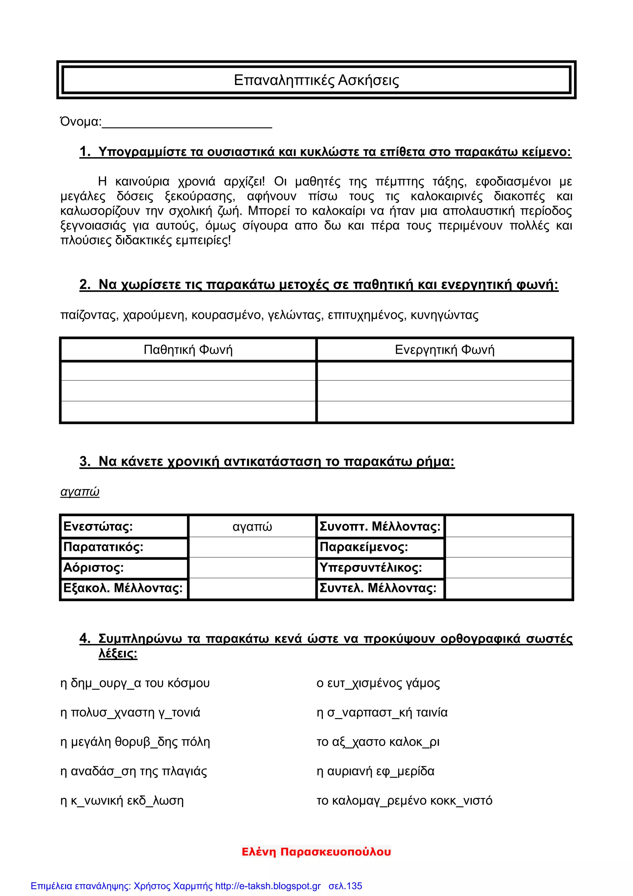 Ελένη Παρασκευοπούλου
Επαναληπτικές Ασκήσεις
Όνομα:________________________
1. Υπογραμμίστε τα ουσιαστικά και κυκλώστε τα επίθετα στο παρακάτω κείμενο:
Η καινούρια χρονιά αρχίζει! Οι μαθητές της πέμπτης τάξης, εφοδιασμένοι με
μεγάλες δόσεις ξεκούρασης, αφήνουν πίσω τους τις καλοκαιρινές διακοπές και
καλωσορίζουν την σχολική ζωή. Μπορεί το καλοκαίρι να ήταν μια απολαυστική περίοδος
ξεγνοιασιάς για αυτούς, όμως σίγουρα απο δω και πέρα τους περιμένουν πολλές και
πλούσιες διδακτικές εμπειρίες!
2. Να χωρίσετε τις παρακάτω μετοχές σε παθητική και ενεργητική φωνή:
παίζοντας, χαρούμενη, κουρασμένο, γελώντας, επιτυχημένος, κυνηγώντας
Παθητική Φωνή Ενεργητική Φωνή
3. Να κάνετε χρονική αντικατάσταση το παρακάτω ρήμα:
αγαπώ
Ενεστώτας: αγαπώ Συνοπτ. Μέλλοντας:
Παρατατικός: Παρακείμενος:
Αόριστος: Υπερσυντέλικος:
Εξακολ. Μέλλοντας: Συντελ. Μέλλοντας:
4. Συμπληρώνω τα παρακάτω κενά ώστε να προκύψουν ορθογραφικά σωστές
λέξεις:
η δημ_ουργ_α του κόσμου
η πολυσ_χναστη γ_τονιά
η μεγάλη θορυβ_δης πόλη
η αναδάσ_ση της πλαγιάς
η κ_νωνική εκδ_λωση
ο ευτ_χισμένος γάμος
η σ_ναρπαστ_κή ταινία
το αξ_χαστο καλοκ_ρι
η αυριανή εφ_μερίδα
το καλομαγ_ρεμένο κοκκ_νιστό
Επιμέλεια επανάληψης: Χρήστος Χαρμπής http://e-taksh.blogspot.gr σελ.135
 