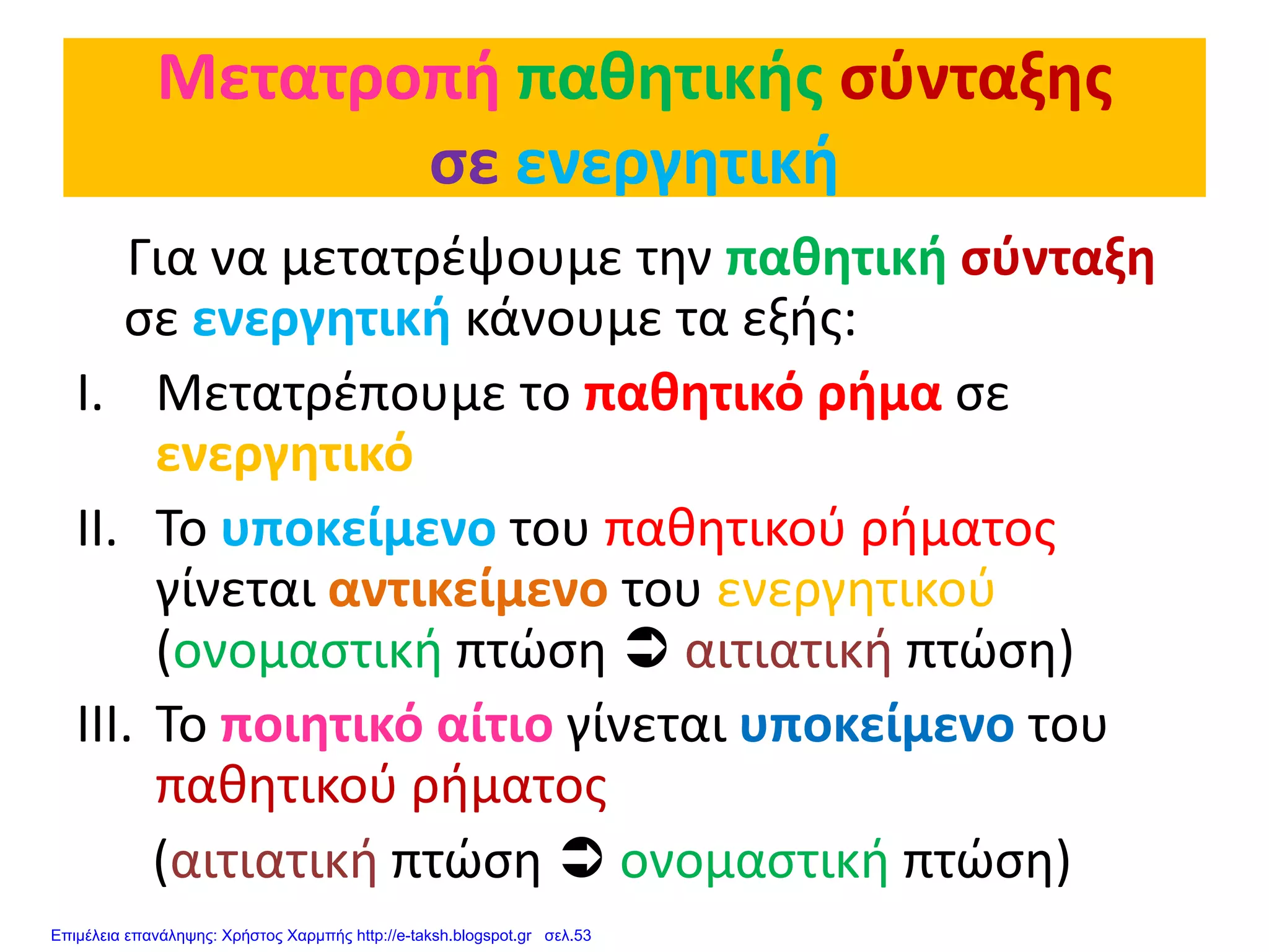 Μετατροπή παθητικής σύνταξης
σε ενεργητική
Για να μετατρέψουμε την παθητική σύνταξη
σε ενεργητική κάνουμε τα εξής:
I. Μετατρέπουμε το παθητικό ρήμα σε
ενεργητικό
II. Το υποκείμενο του παθητικού ρήματος
γίνεται αντικείμενο του ενεργητικού
(ονομαστική πτώση  αιτιατική πτώση)
III. Το ποιητικό αίτιο γίνεται υποκείμενο του
παθητικού ρήματος
(αιτιατική πτώση  ονομαστική πτώση)
Επιμέλεια επανάληψης: Χρήστος Χαρμπής http://e-taksh.blogspot.gr σελ.53
 