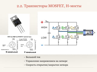 2.2. Транзисторы MOSFET, H-мосты
- Большой ток
- Управление напряжением на затворе
- Скорость открытия/закрытия затвора
 