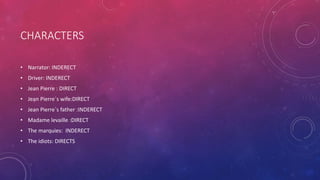 CHARACTERS
• Narrator: INDERECT
• Driver: INDERECT
• Jean Pierre : DIRECT
• Jean Pierre`s wife:DIRECT
• Jean Pierre`s father :INDERECT
• Madame levaille :DIRECT
• The marquies: INDERECT
• The idiots: DIRECTS
 