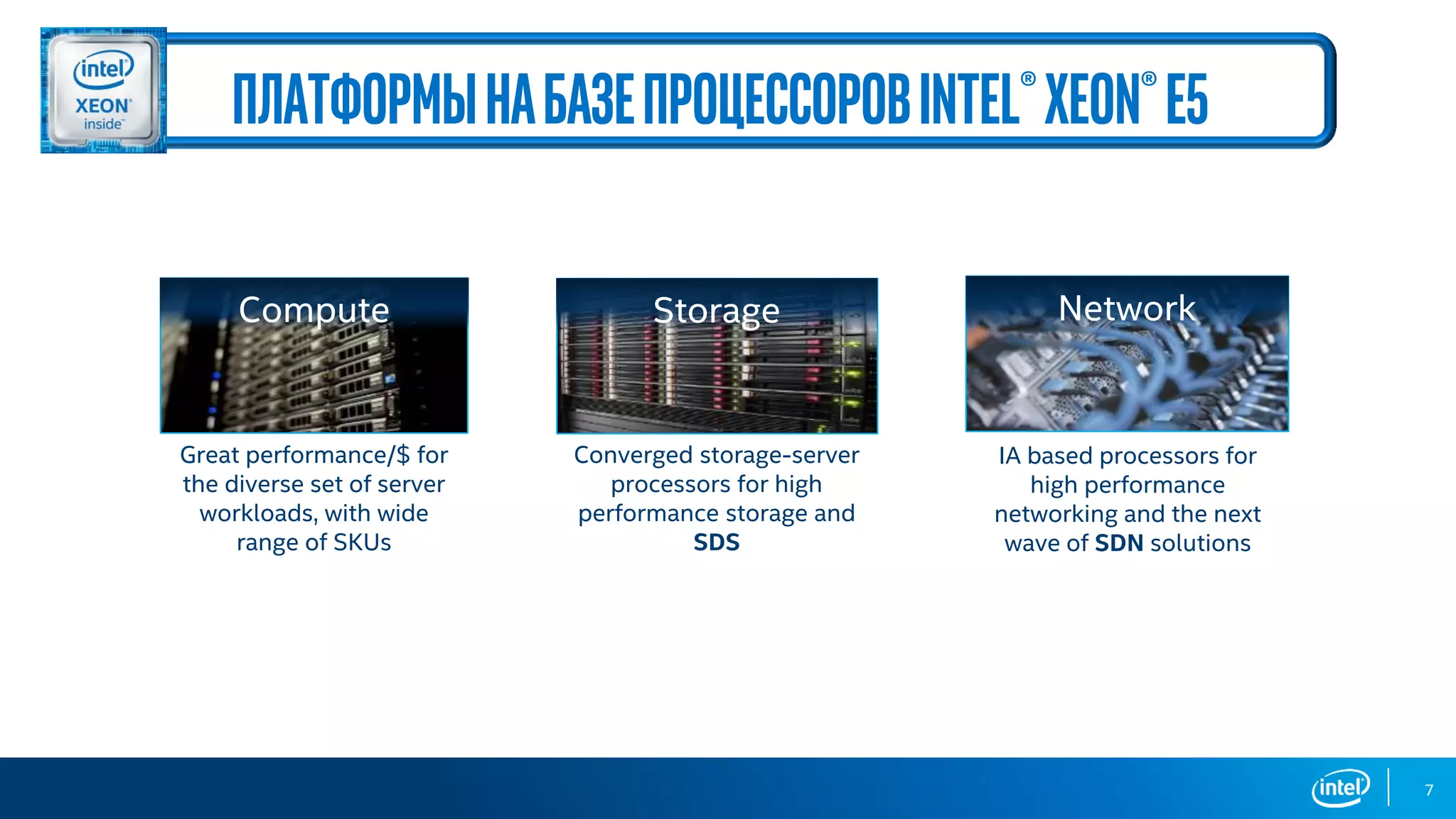 7
ПлатформынабазепроцессоровIntel®Xeon®E5
Compute NetworkStorage
Great performance/$ for
the diverse set of server
workloads, with wide
range of SKUs
Converged storage-server
processors for high
performance storage and
SDS
IA based processors for
high performance
networking and the next
wave of SDN solutions
 