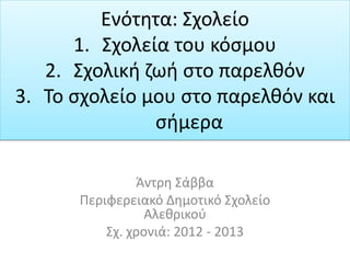 Άντρη Σάββα
Περιφερειακό Δημοτικό Σχολείο
Αλεθρικού
Σχ. χρονιά: 2012 - 2013
Ενότητα: Σχολείο
1. Σχολεία του κόσμου
2. Σχολική ζωή στο παρελθόν
3. Το σχολείο μου στο παρελθόν και
σήμερα
 