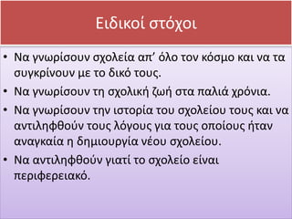 • Να γνωρίσουν σχολεία απ’ όλο τον κόσμο και να τα
συγκρίνουν με το δικό τους.
• Να γνωρίσουν τη σχολική ζωή στα παλιά χρόνια.
• Να γνωρίσουν την ιστορία του σχολείου τους και να
αντιληφθούν τους λόγους για τους οποίους ήταν
αναγκαία η δημιουργία νέου σχολείου.
• Να αντιληφθούν γιατί το σχολείο είναι
περιφερειακό.
Ειδικοί στόχοι
 