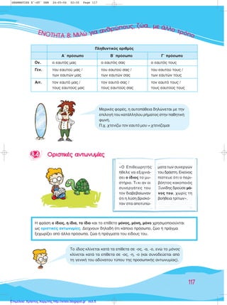 88..44 √√ÚÚÈÈÛÛÙÙÈÈÎÎ¤¤˜˜ ··ÓÓÙÙˆˆÓÓ˘˘ÌÌ››ÂÂ˜˜
∏ ÊÚ¿ÛË Ô ›‰ÈÔ˜, Ë ›‰È·, ÙÔ ›‰ÈÔ Î·È ÙÔ Â›ıÂÙÔ ÌﬁÓÔ˜, ÌﬁÓË, ÌﬁÓÔ ¯ÚËÛÈÌÔÔÈÔ‡ÓÙ·È
ˆ˜ ÔÚÈÛÙÈÎ¤˜ ·ÓÙˆÓ˘Ì›Â˜. ¢Â›¯ÓÔ˘Ó ‰ËÏ·‰‹ ﬁÙÈ Î¿ÔÈÔ ÚﬁÛˆÔ, ˙ÒÔ ‹ Ú¿ÁÌ·
ÍÂ¯ˆÚ›˙ÂÈ ·ﬁ ¿ÏÏ· ÚﬁÛˆ·, ˙Ò· ‹ Ú¿ÁÌ·Ù· ÙÔ˘ Â›‰Ô˘˜ ÙÔ˘.
ΔÔ ›‰ÈÔ˜ ÎÏ›ÓÂÙ·È Î·Ù¿ Ù· Â›ıÂÙ· ÛÂ -Ô˜, -·, -Ô, ÂÓÒ ÙÔ ÌﬁÓÔ˜
ÎÏ›ÓÂÙ·È Î·Ù¿ Ù· Â›ıÂÙ· ÛÂ -Ô˜, -Ë, -Ô (Î·È Û˘ÓÔ‰Â‡ÂÙ·È ·ﬁ
ÙË ÁÂÓÈÎ‹ ÙÔ˘ ·‰‡Ó·ÙÔ˘ Ù‡Ô˘ ÙË˜ ÚÔÛˆÈÎ‹˜ ·ÓÙˆÓ˘Ì›·˜).
117
√Ó. Ô Â·˘Ùﬁ˜ Ì·˜ Ô Â·˘Ùﬁ˜ Û·˜ Ô Â·˘Ùﬁ˜ ÙÔ˘˜
°ÂÓ. ÙÔ˘ Â·˘ÙÔ‡ Ì·˜ / ÙÔ˘ Â·˘ÙÔ‡ Û·˜ / ÙÔ˘ Â·˘ÙÔ‡ ÙÔ˘˜ /
ÙˆÓ Â·˘ÙÒÓ Ì·˜ ÙˆÓ Â·˘ÙÒÓ Û·˜ ÙˆÓ Â·˘ÙÒÓ ÙÔ˘˜
∞ÈÙ. ÙÔÓ Â·˘Ùﬁ Ì·˜ / ÙÔÓ Â·˘Ùﬁ Û·˜ / ÙÔÓ Â·˘Ùﬁ ÙÔ˘˜ /
ÙÔ˘˜ Â·˘ÙÔ‡˜ Ì·˜ ÙÔ˘˜ Â·˘ÙÔ‡˜ Û·˜ ÙÔ˘˜ Â·˘ÙÔ‡˜ ÙÔ˘˜
∞ã ÚﬁÛˆÔ μã ÚﬁÛˆÔ °ã ÚﬁÛˆÔ
¶ÏËı˘ÓÙÈÎﬁ˜ ·ÚÈıÌﬁ˜
«√ ∂ÈıÂˆÚËÙ‹˜
‹ıÂÏÂ Ó· ÂÍÈ¯ÓÈ¿-
ÛÂÈ Ô ›‰ÈÔ˜ ÙÔ Ì˘-
ÛÙ‹ÚÈÔ. ΔÈ ÎÈ ·Ó ÔÈ
Û˘ÓÂÚÁ¿ÙÂ˜ ÙÔ˘
ÙÔÓ ‰È·‚Â‚·›ˆÓ·Ó
ﬁÙÈ Ë Ï‡ÛË ‚ÚÈÛÎﬁ-
Ù·Ó ÛÙ· ·ÔÙ˘Ò-
Ì·Ù· ÙˆÓ Û˘ÓÂÚÁÒÓ
ÙÔ˘ ‰Ú¿ÛÙË. ∂ÎÂ›ÓÔ˜
›ÛÙÂ˘Â ﬁÙÈ Ô ÂÚÈ-
‚ﬁËÙÔ˜ Î·ÎÔÔÈﬁ˜
•˘Ó›‰Ë˜ ‰ÚÔ‡ÛÂ Ìﬁ-
ÓÔ˜ ÙÔ˘, ¯ˆÚ›˜ ÙË
‚Ô‹ıÂÈ· ÙÚ›ÙˆÓ».
ªÂÚÈÎ¤˜ ÊÔÚ¤˜, Ë ·˘ÙÔ¿ıÂÈ· ‰ËÏÒÓÂÙ·È ÌÂ ÙËÓ
ÂÈÏÔÁ‹ ÙÔ˘ Î·Ù¿ÏÏËÏÔ˘ Ú‹Ì·ÙÔ˜ ÛÙËÓ ·ıËÙÈÎ‹
ÊˆÓ‹.
¶.¯. ¯ÙÂÓ›˙ˆ ÙÔÓ Â·˘Ùﬁ ÌÔ˘ = ¯ÙÂÓ›˙ÔÌ·È
GRAMMATIKH E'-ST' DHM 24-05-04 02:30 Page 117
Επιμέλεια: Χρήστος Χαρμπής http://xristx.blogspot.gr σελ.5
 